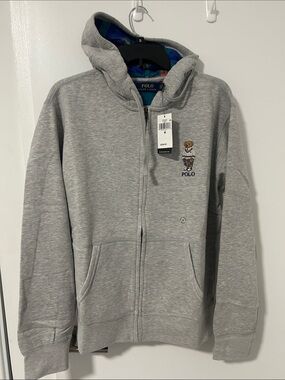 Polo by Ralph Lauren Gray Hooded Zip-Up Jacket with Bear Patch